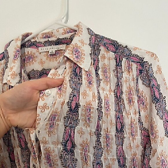 JANE AND DELANCEY White Navy Geometric Striped Pintuck Pleated Button Down Tunic - Picture 6 of 12